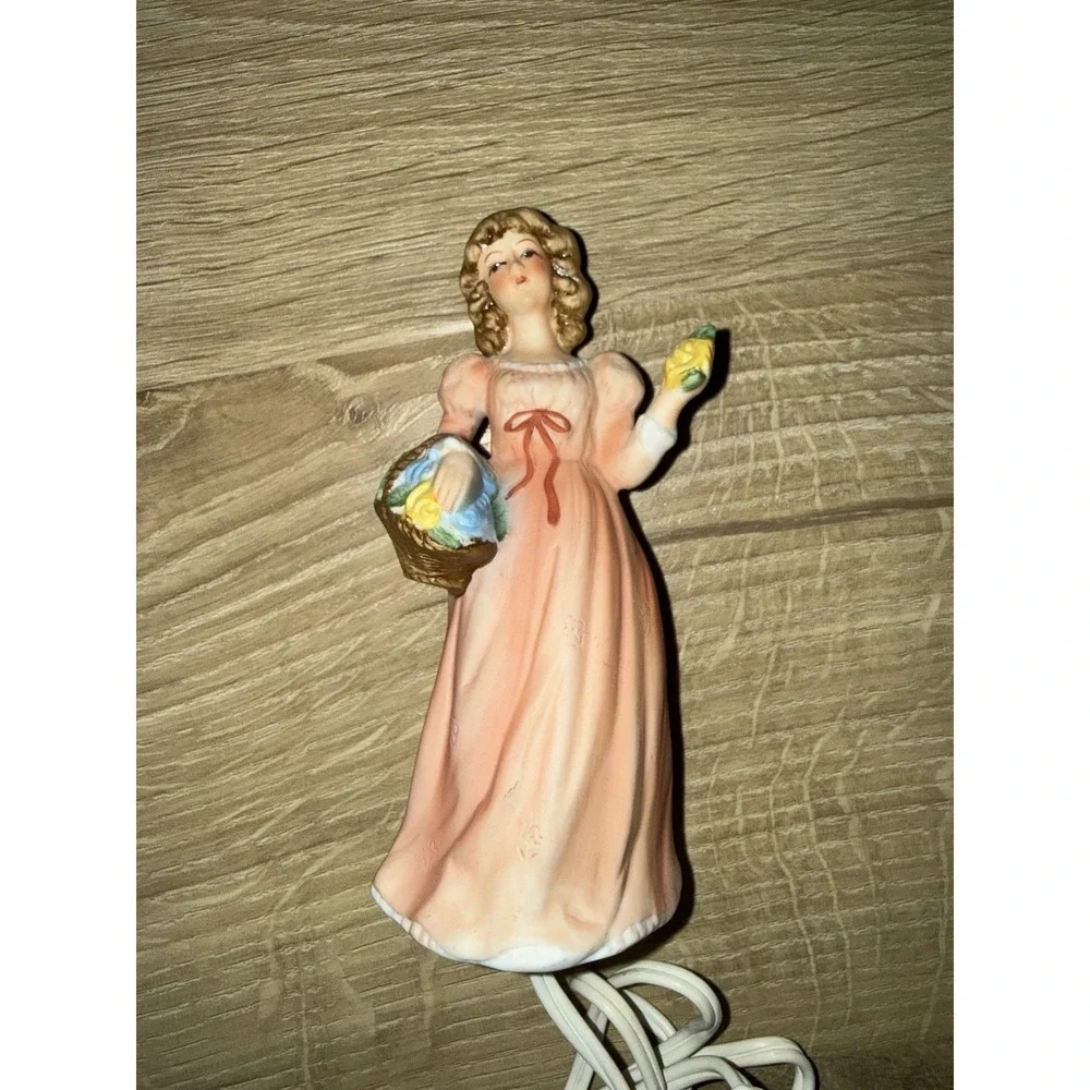 I W Rice & Co Porcelain Girl Holding Basket of Flowers Electric Nightlight Works